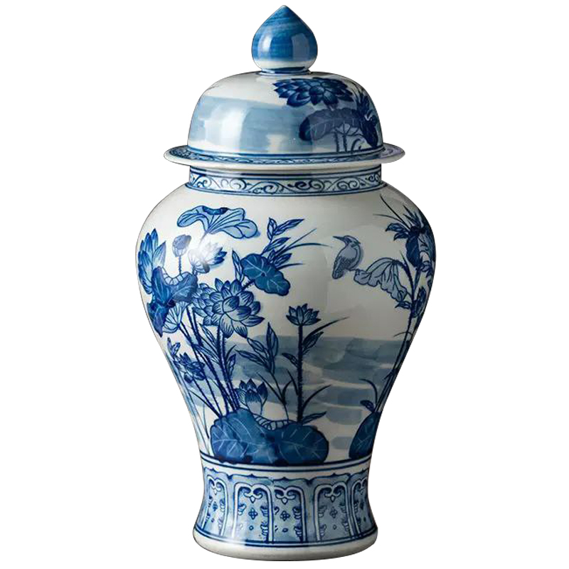 Ваза с крышкой Ceramic Blue Flowers and Bird Vase Белый Синий Ваза с крышкой Ceramic Blue Flowers and Bird Vase Белый Синий в Кирове | Loft Concept