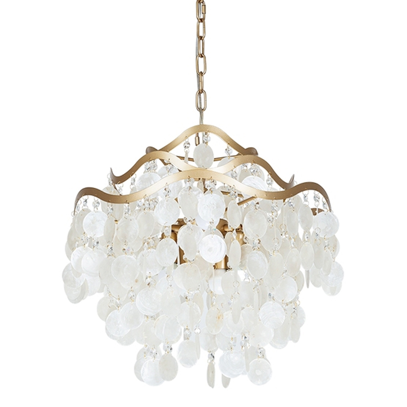 Люстра подвесная с белыми перламутровыми подвесками и изогнутыми золотистыми элементами Диаметр 50 см SHELL Chandelier Перламутровый Золотой в Кирове | Loft Concept 