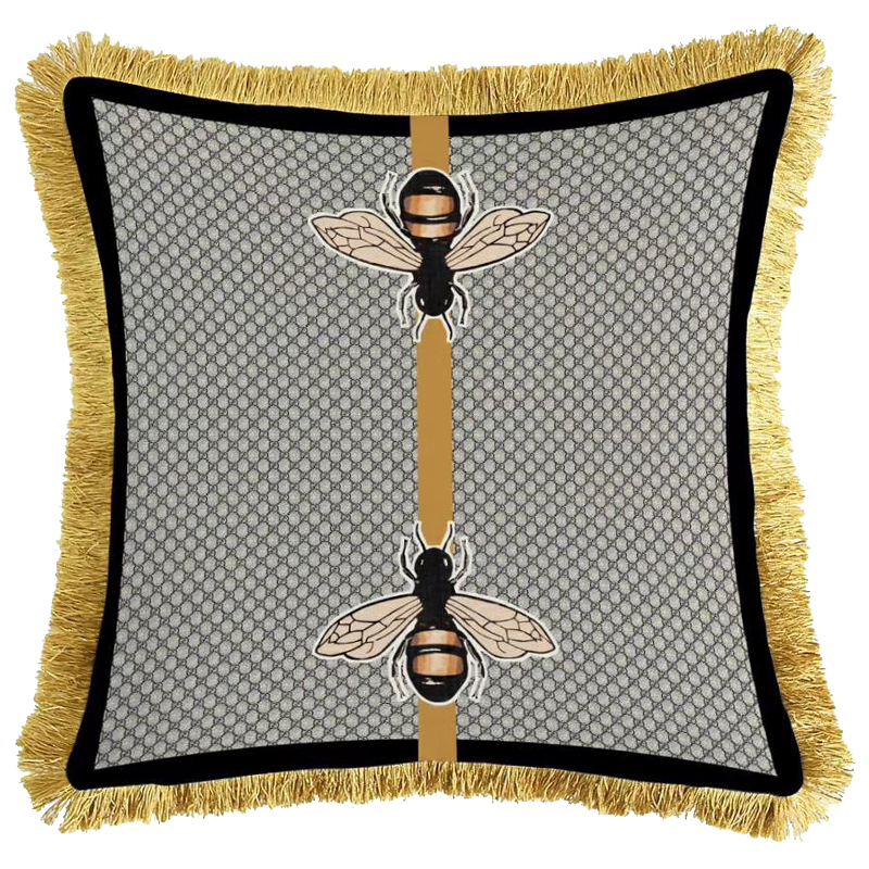 Декоративная подушка Cтиль Gucci Two Bees Серый Золотой Горчичный в Кирове | Loft Concept 