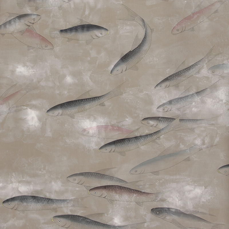 Обои ручная роспись Fishes Blue Pearl on Lead Grey dyed silk with antiquing  в Кирове | Loft Concept 