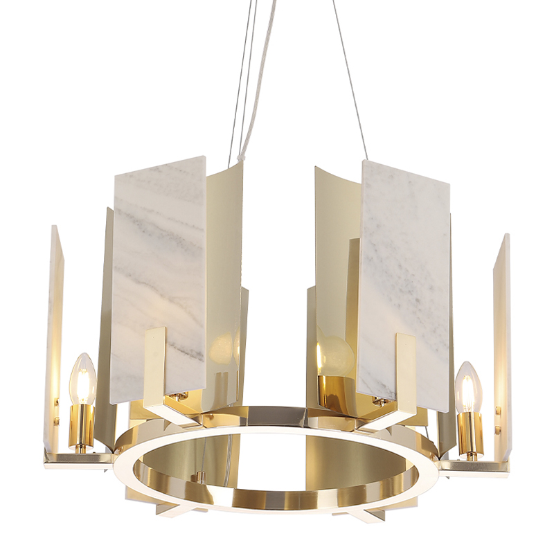 Люстра подвесная круглая с мраморными прямоугольными вставками и золотым основанием Диаметр 55 см Marble square Chandelier Белый Золотой в Кирове | Loft Concept 