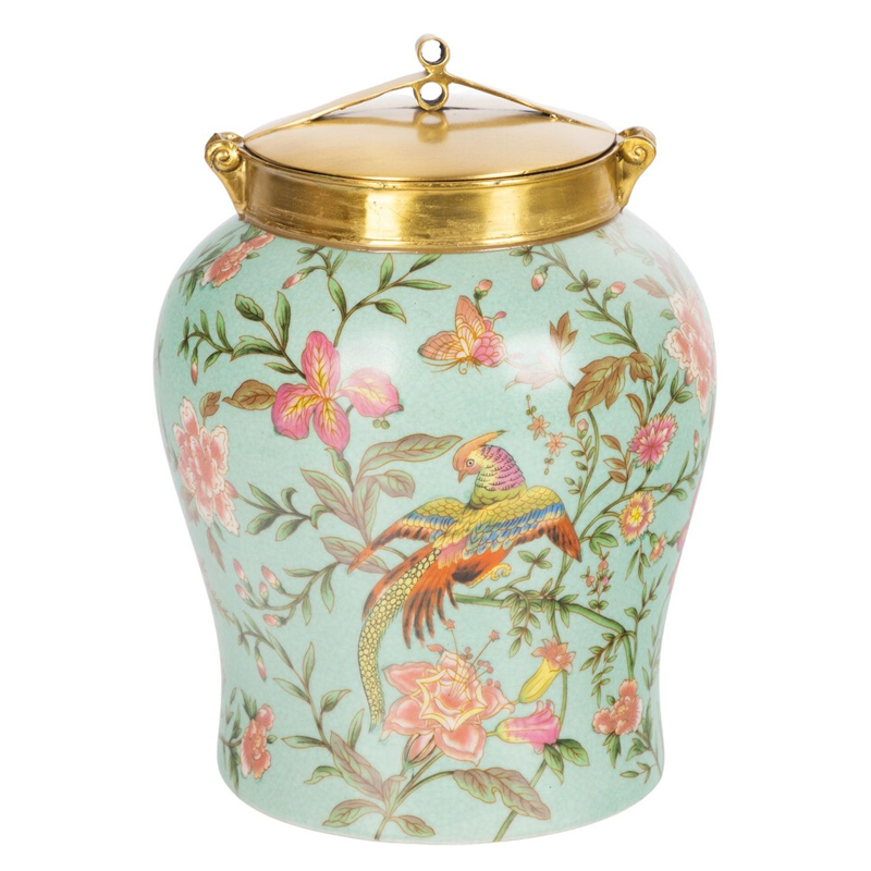 Ваза округлой формы из фарфора с рисунком и бронзовой крышкой Turquoise Blooming Garden Мульти Бронза Бирюзовый Ваза округлой формы из фарфора с рисунком и бронзовой крышкой Turquoise Blooming Garden Мульти Бронза Бирюзовый в Кирове | Loft Concept