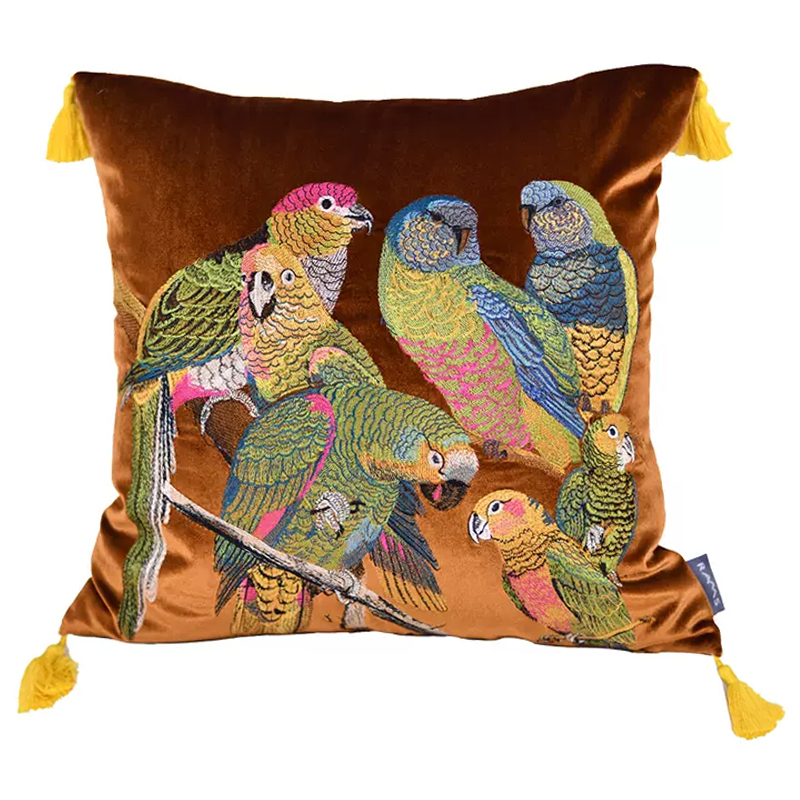 Декоративная подушка с вышивкой Embroidery Parrots Pillow Brown Коричневый Мульти в Кирове | Loft Concept 
