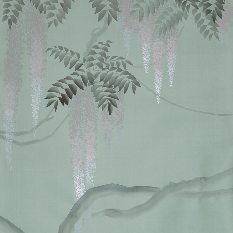 Обои в Японском стиле Wisteria Special Colourway on Blue Grey dyed silk Обои в Японском стиле Wisteria Special Colourway on Blue Grey dyed silk в Кирове | Loft Concept