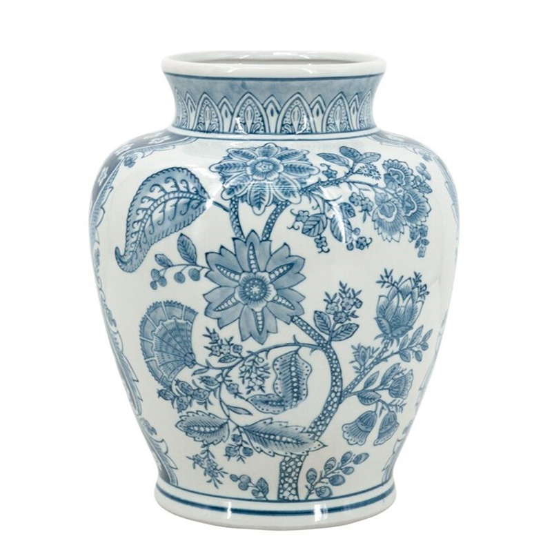 Ваза округлой формы белого цвета с синим растительным узором Blue & White Ornament Белый Синий Ваза округлой формы белого цвета с синим растительным узором Blue & White Ornament Белый Синий в Кирове | Loft Concept