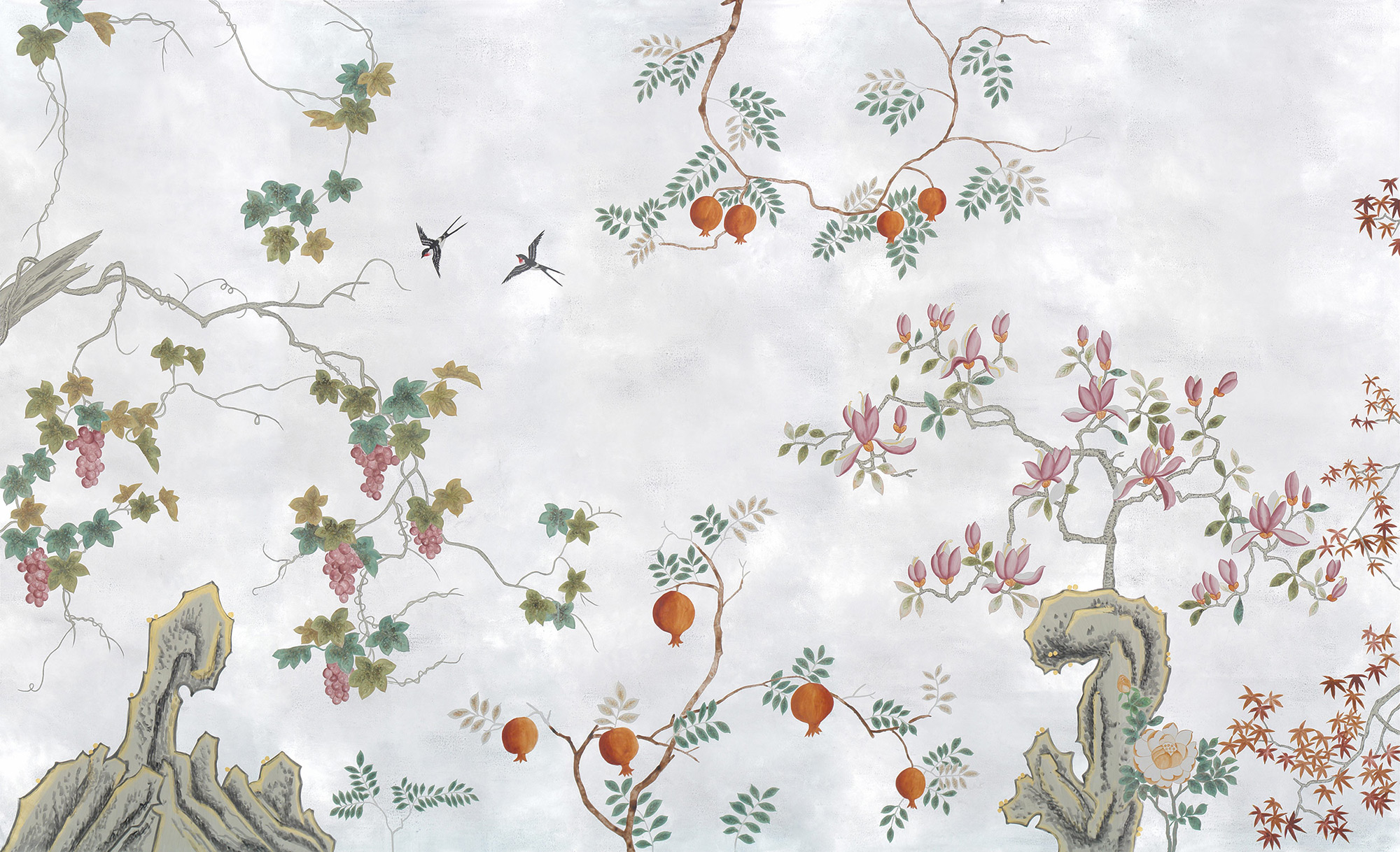 Обои ручная роспись Summer Night Blossom Original colourway on Ocean Silver gilded paper Обои ручная роспись Summer Night Blossom Original colourway on Ocean Silver gilded paper - постер Loft-Concept в Кирове