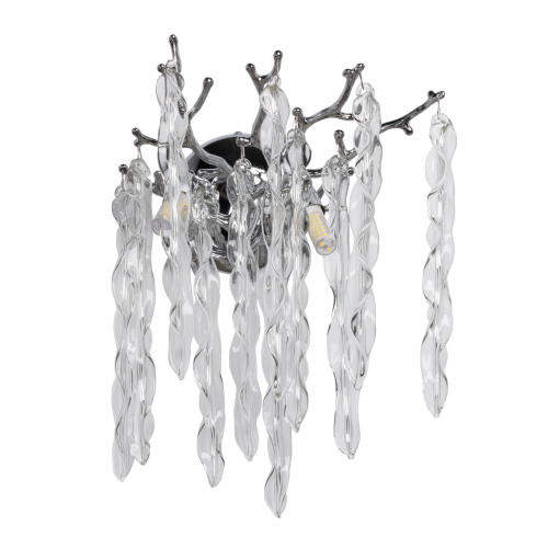 Бра цвета хром с ветвями и прозрачными стеклянными подвесками в виде вытянутых спиральных капель Droplet Chandelier Хром Прозрачный в Кирове | Loft Concept 