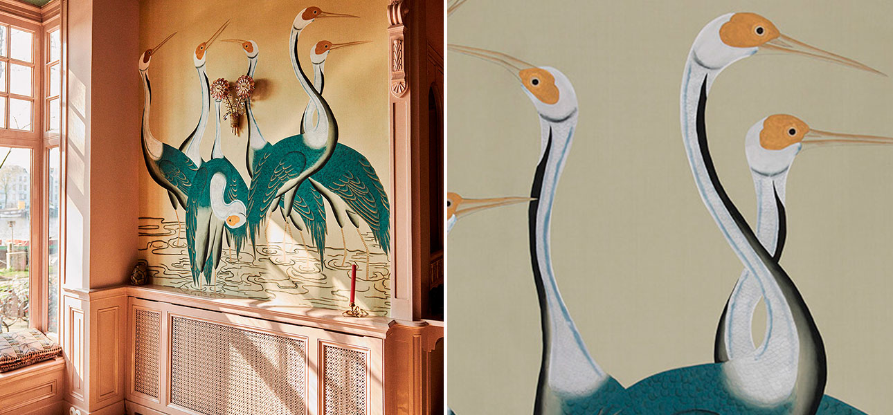 Обои ручная роспись Sarus Cranes Colourway SC-208 on Icefield dyed silk - фото