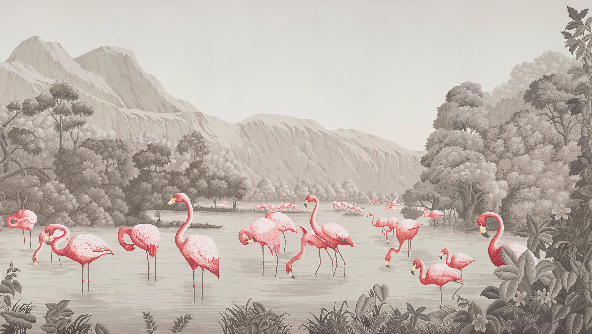 Обои ручная роспись Flamingos Flamingo on Eau Forte scenic paper Обои ручная роспись Flamingos Flamingo on Eau Forte scenic paper - постер Loft-Concept в Кирове