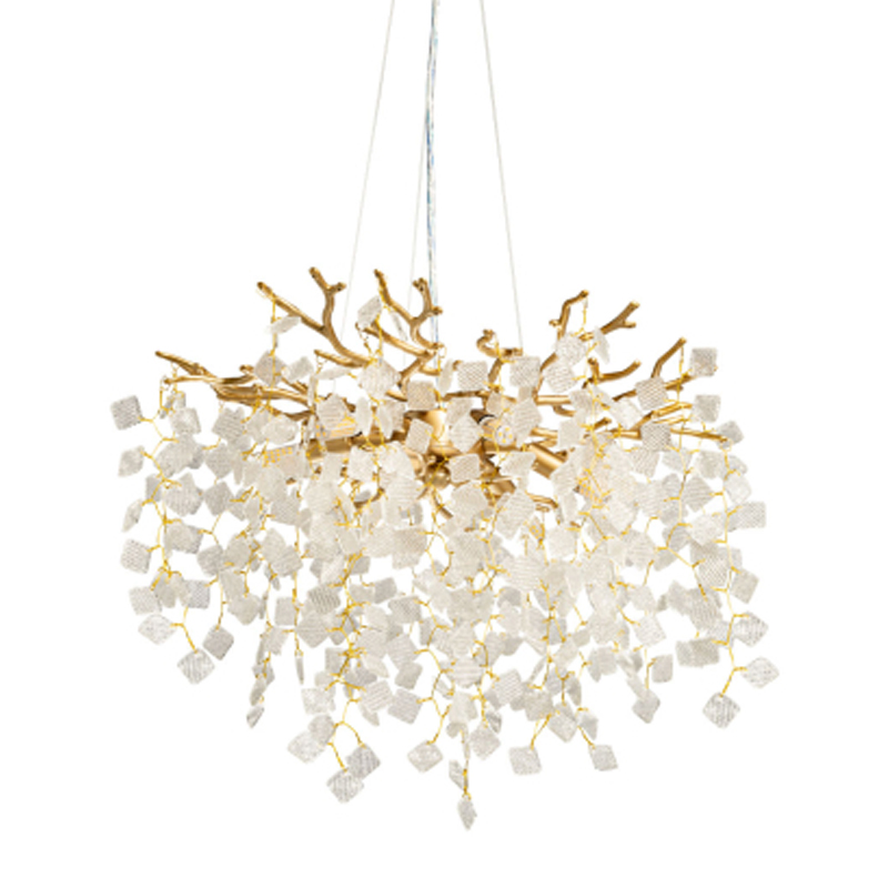 Люстра подвесная золотого цвета с декоративными ветвями и прозрачными рельефными подвесками FAIRYTREE Light Золотой Прозрачный в Кирове | Loft Concept 