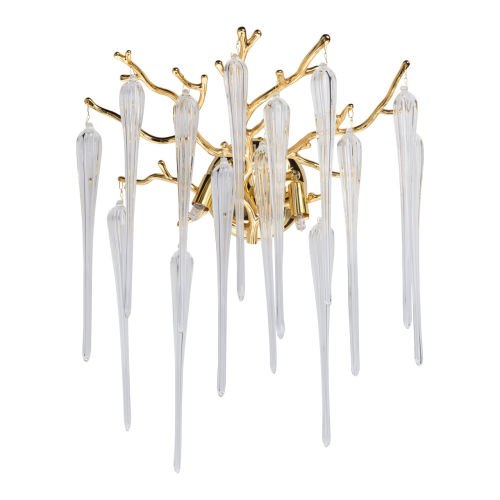 Бра золотого цвета с разветвленными ветвями и длинными прозрачными подвесками в форме стеклянных сосулек Droplet Chandelier Золотой Прозрачный в Кирове | Loft Concept 