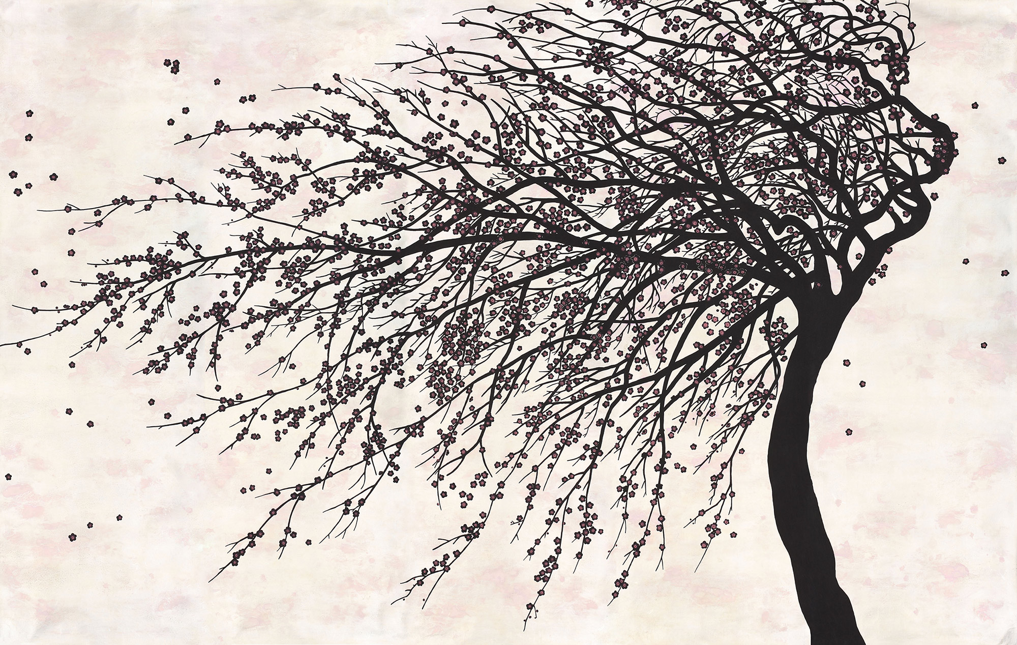Обои ручная роспись Windswept Blossom Noir on White Metal gilded silk with pearlescent antiquing Обои ручная роспись Windswept Blossom Noir on White Metal gilded silk with pearlescent antiquing - постер Loft-Concept в Кирове