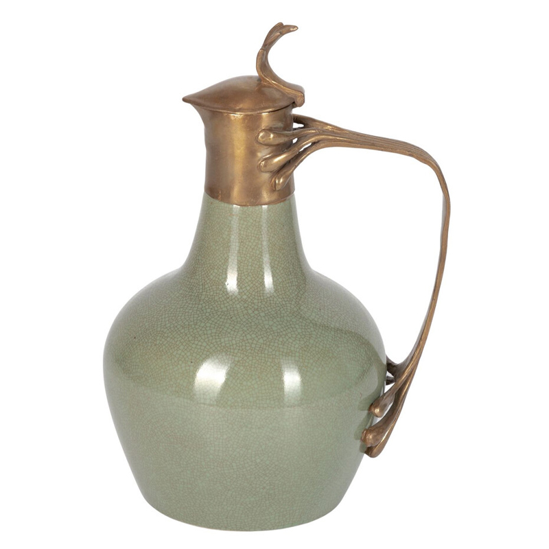 Кувшин зеленого цвета из фарфора с бронзовой крышкой и изогнутой ручкой Eden Garden porcelain and bronze Зеленый Бронза Кувшин зеленого цвета из фарфора с бронзовой крышкой и изогнутой ручкой Eden Garden porcelain and bronze Зеленый Бронза в Кирове | Loft Concept