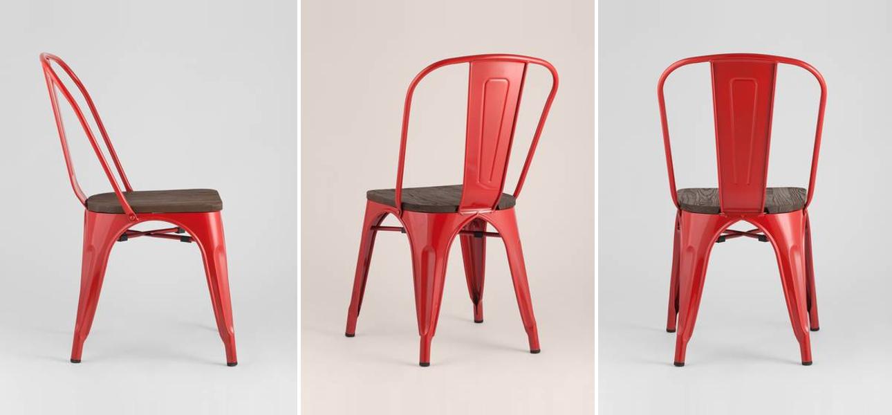 Стул Tolix Красный Металл Деревянное Сидение - фото