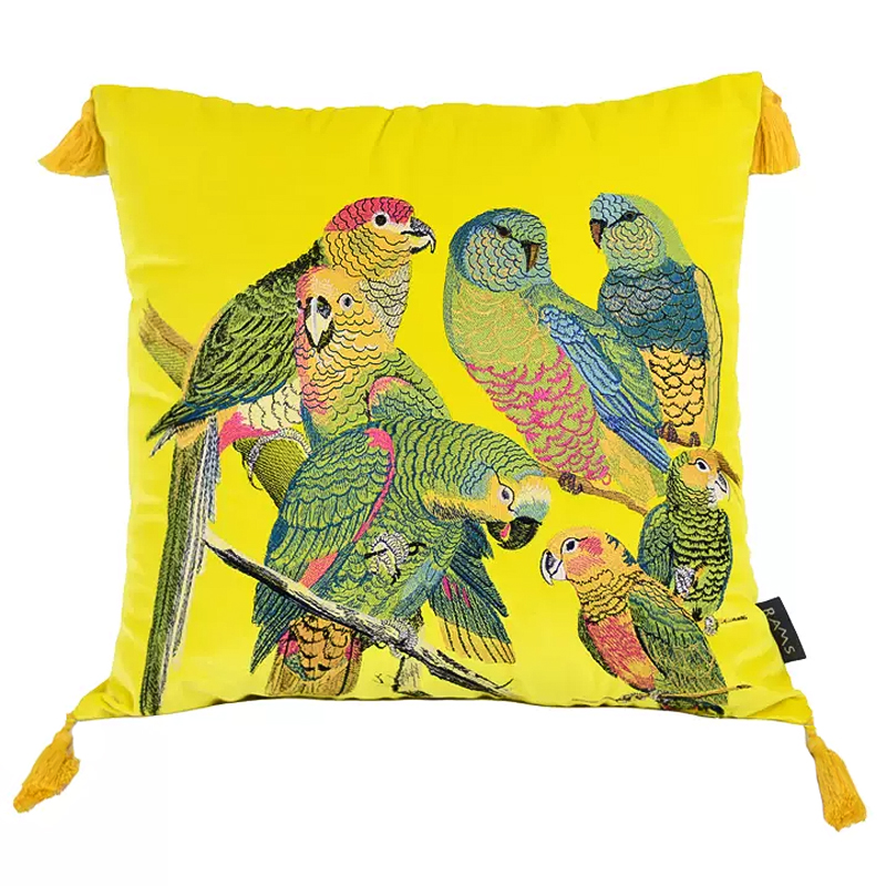 Декоративная подушка с вышивкой Embroidery Parrots Pillow Yellow Желтый Мульти Декоративная подушка с вышивкой Embroidery Parrots Pillow Yellow Желтый Мульти в Кирове | Loft Concept