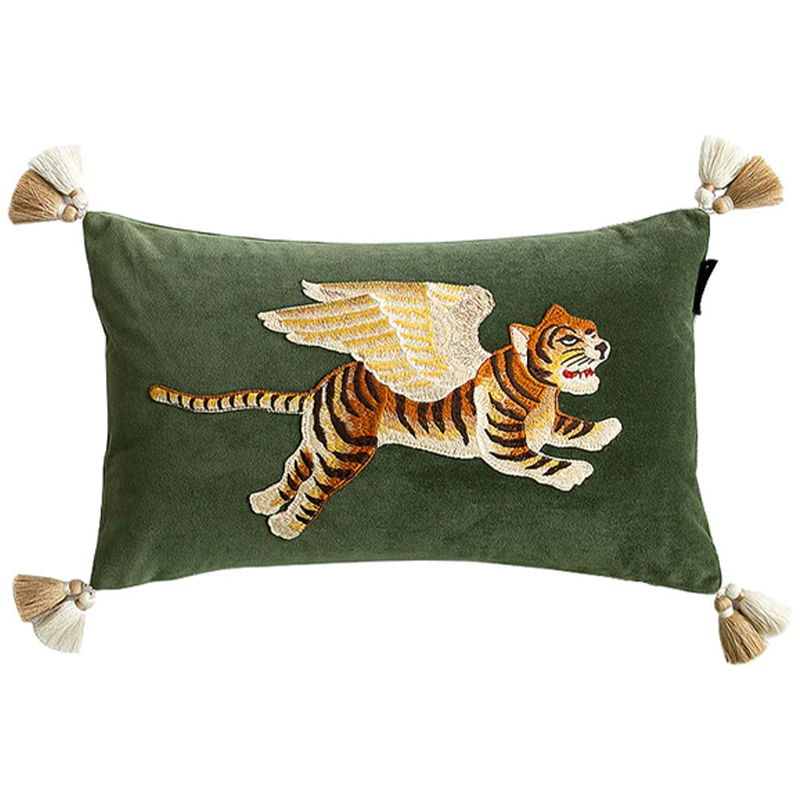 Декоративная подушка с вышивкой Стиль Gucci Winged Tiger Cushion Зеленый Оранжевый Золотой Декоративная подушка с вышивкой Стиль Gucci Winged Tiger Cushion Зеленый Оранжевый Золотой в Кирове | Loft Concept