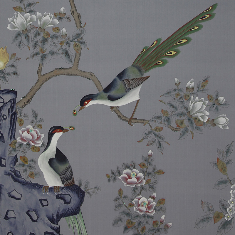 Обои ручная роспись Japanese Garden Original colourway on Gun Metal dyed silk Обои ручная роспись Japanese Garden Original colourway on Gun Metal dyed silk в Кирове | Loft Concept