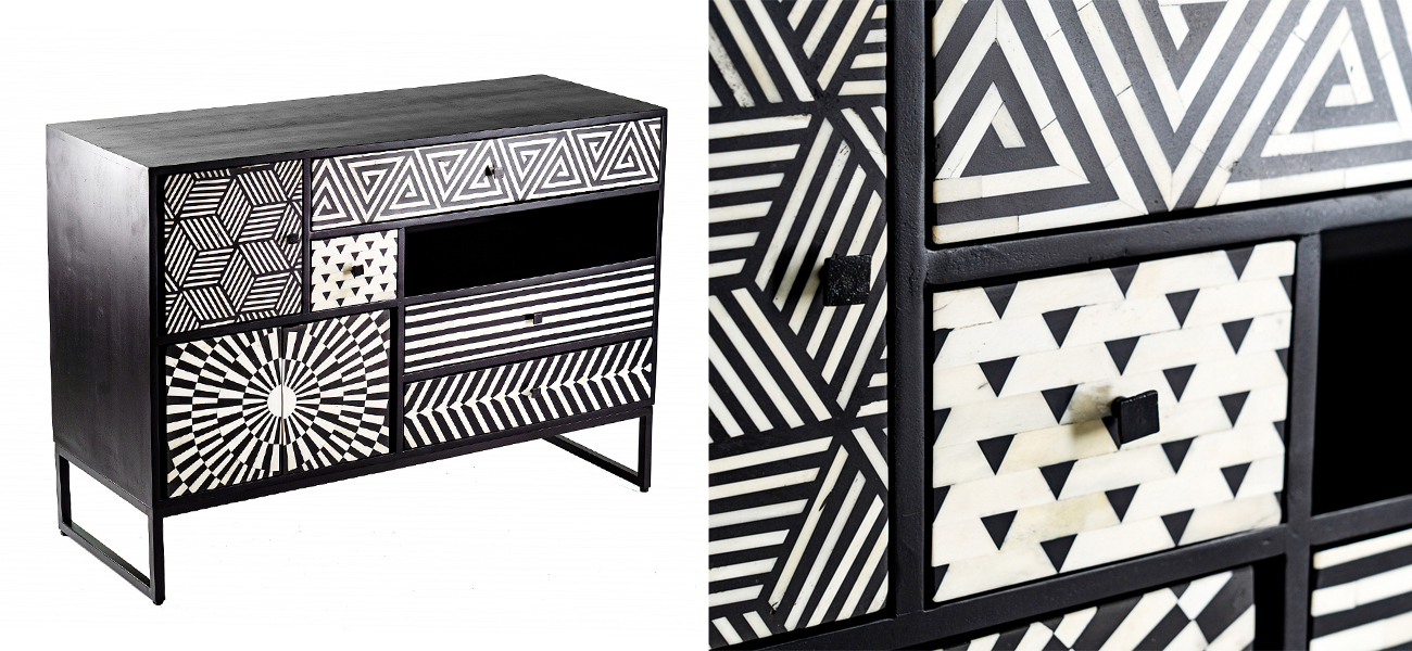 Комод с орнаментом инкрустированный костью Bone Inlay 115 см - фото