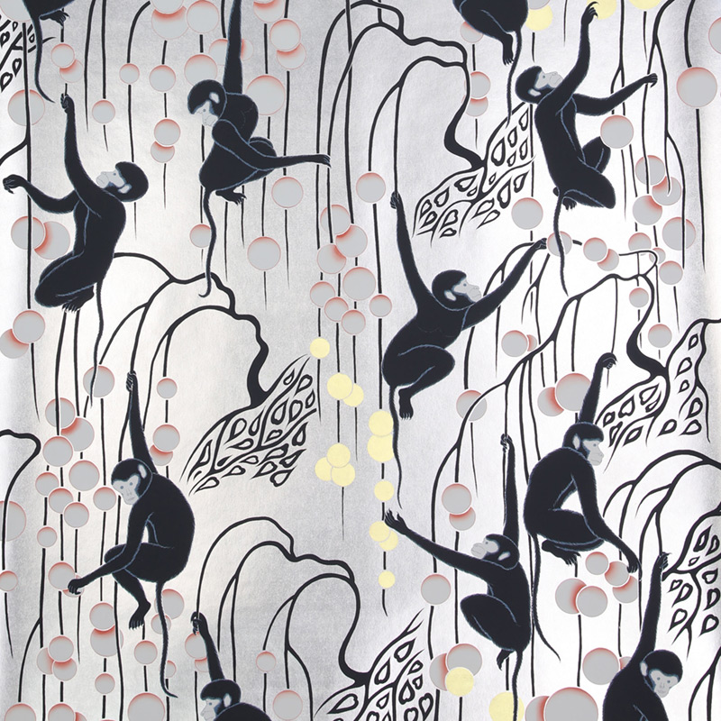 Обои ручная роспись Deco Monkeys Hunter on Sterling Silver gilded paper Обои ручная роспись Deco Monkeys Hunter on Sterling Silver gilded paper в Кирове | Loft Concept