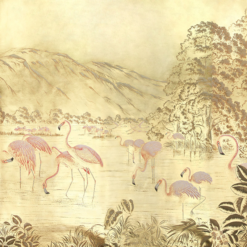 Обои ручная роспись Flamingos Flamingo on Deep Rich Gold gilded paper Обои ручная роспись Flamingos Flamingo on Deep Rich Gold gilded paper в Кирове | Loft Concept