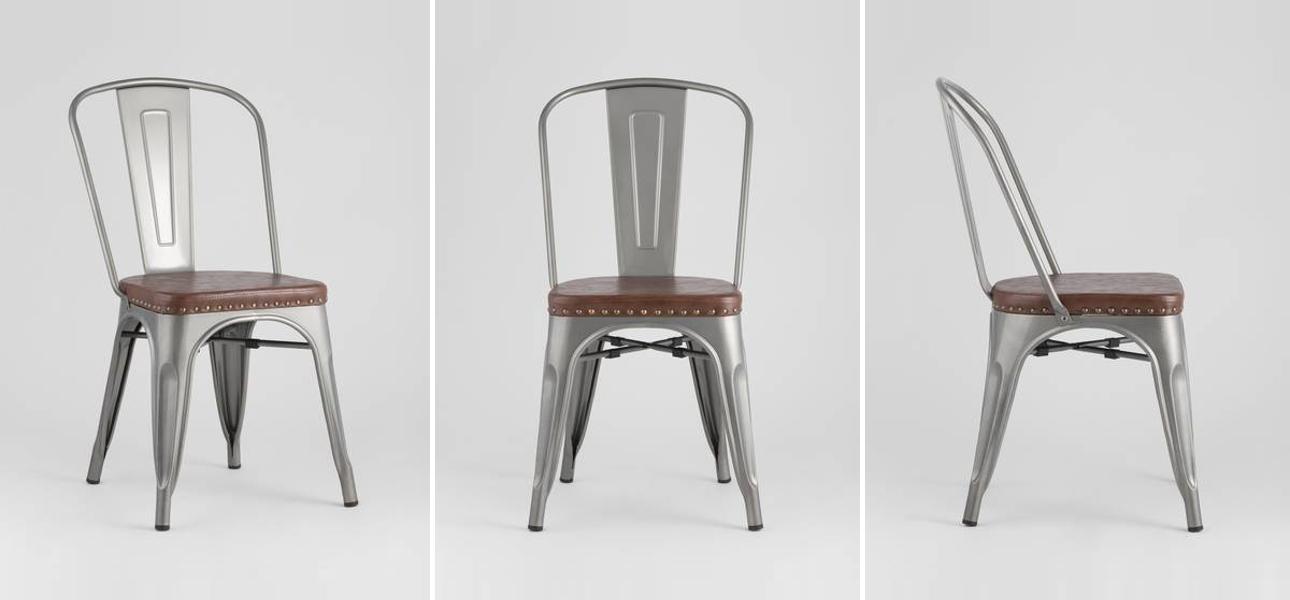 Стул Tolix Серебристый Металлик Сидение Коричневая Экокожа - фото