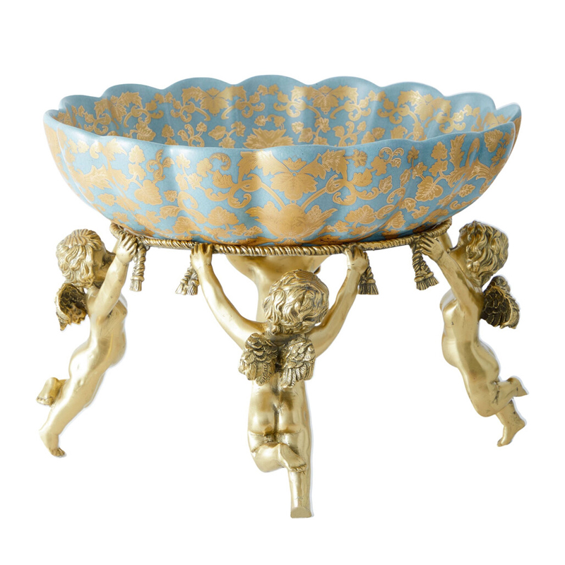 Чаша с орнаментом на бронзовых ножках в виде ангелов Eden Garden Голубой Бронза в Кирове | Loft Concept 
