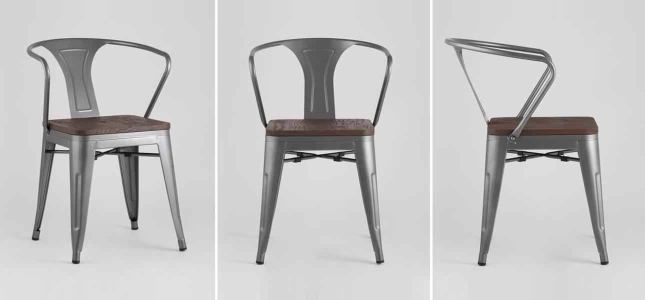 Стул Tolix с подлокотниками Серебристый Металлик Деревянное Сидение - фото