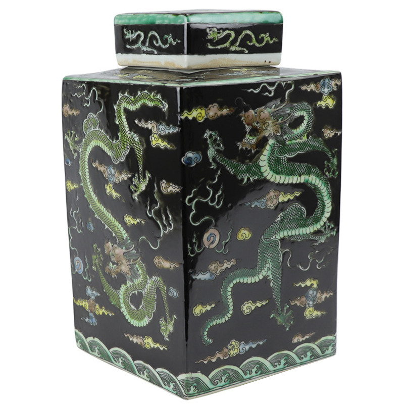Ваза с крышкой квадратная Green Dragon Black Vase Черный Зеленый Желтый Светло-синий Ваза с крышкой квадратная Green Dragon Black Vase Черный Зеленый Желтый Светло-синий в Кирове | Loft Concept