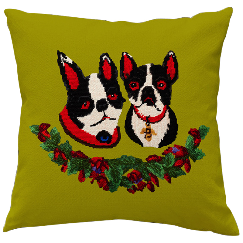 Декоративная подушка Стиль Gucci Two Dogs Green Мульти Зеленый Декоративная подушка Стиль Gucci Two Dogs Green Мульти Зеленый в Кирове | Loft Concept