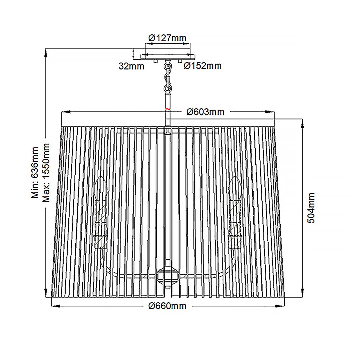 Люстра цвета латунь с 6-ю лампами свечами внутри цилиндрического абажура из черных металлических реек Kichler в Кирове