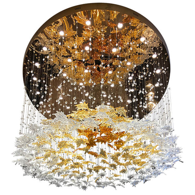 Большая круглая люстра с подвесками в виде листьев Amber Leaf Fall Light Chandelier Латунь Прозрачный Янтарный в Кирове | Loft Concept 