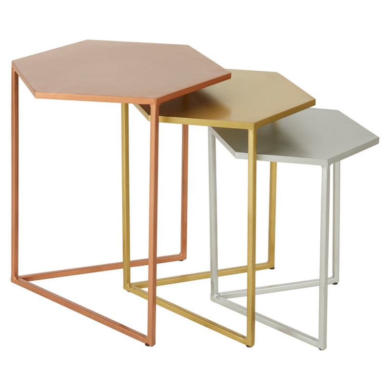Комплект из 3-х приставных столиков Trio Hexagon Side Tables Медь Золотой Серебряный Комплект из 3-х приставных столиков Trio Hexagon Side Tables Медь Золотой Серебряный в Кирове | Loft Concept