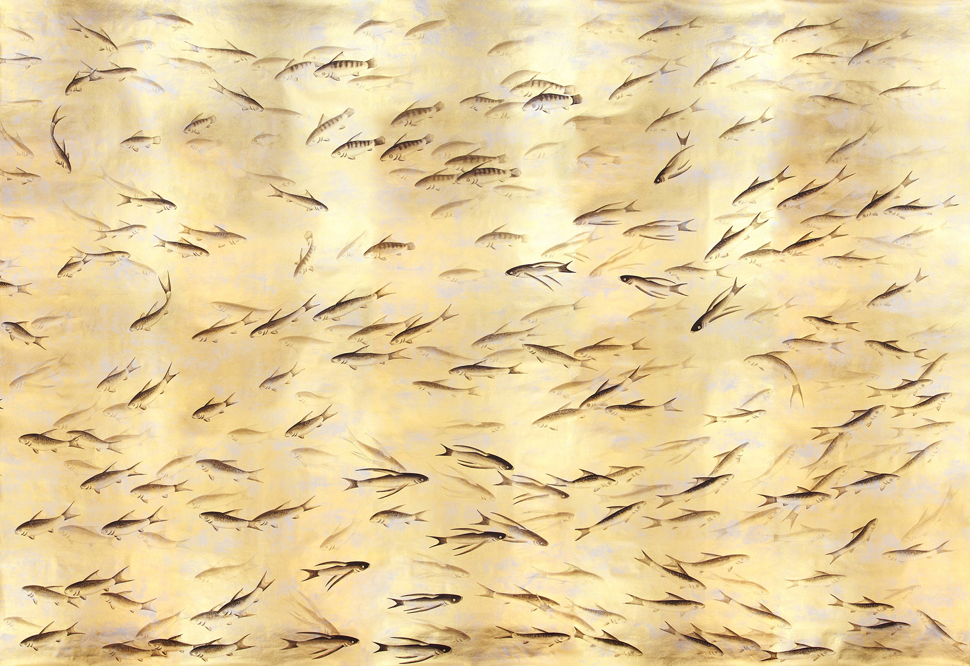 Обои ручная роспись Fishes Original colourway on Deep Rich Gold gilded paper with d?sargenter pearlescent antiquing Обои ручная роспись Fishes Original colourway on Deep Rich Gold gilded paper with d?sargenter pearlescent antiquing - постер Loft-Concept в Кирове