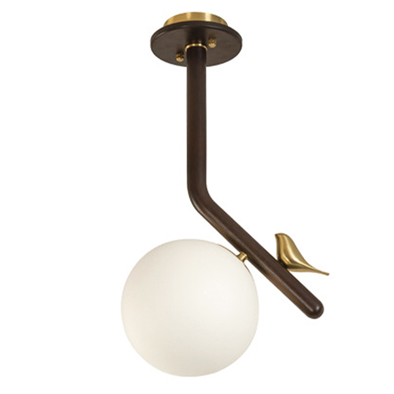 Потолочный светильник с птичкой Bird Wood Ring Ceiling Lamp Латунь Коричневый Белое матовое стекло Потолочный светильник с птичкой Bird Wood Ring Ceiling Lamp Латунь Коричневый Белое матовое стекло в Кирове | Loft Concept