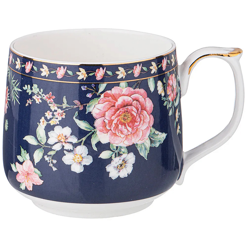 Кружка фарфоровая синяя с цветочным принтом 470 мл Flower Porcelain Collection Синий Мульти Кружка фарфоровая синяя с цветочным принтом 470 мл Flower Porcelain Collection Синий Мульти в Кирове | Loft Concept