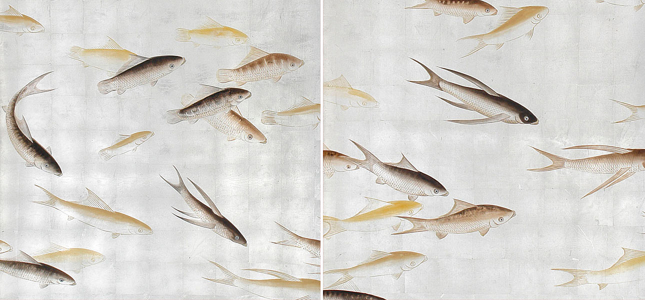 Обои ручная роспись Fishes Amber on Real Silver gilded silk Обои ручная роспись Fishes Amber on Real Silver gilded silk - Loft-Concept в Кирове