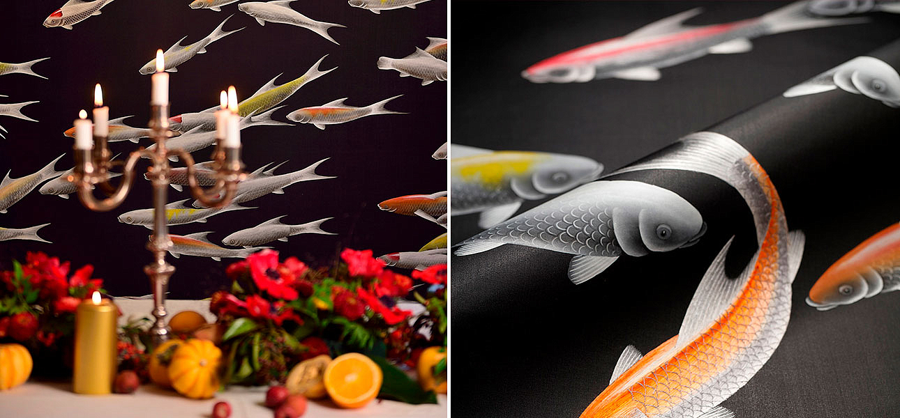 Обои ручная роспись Fishes Koi on Pitch dyed silk - Loft-Concept в Кирове