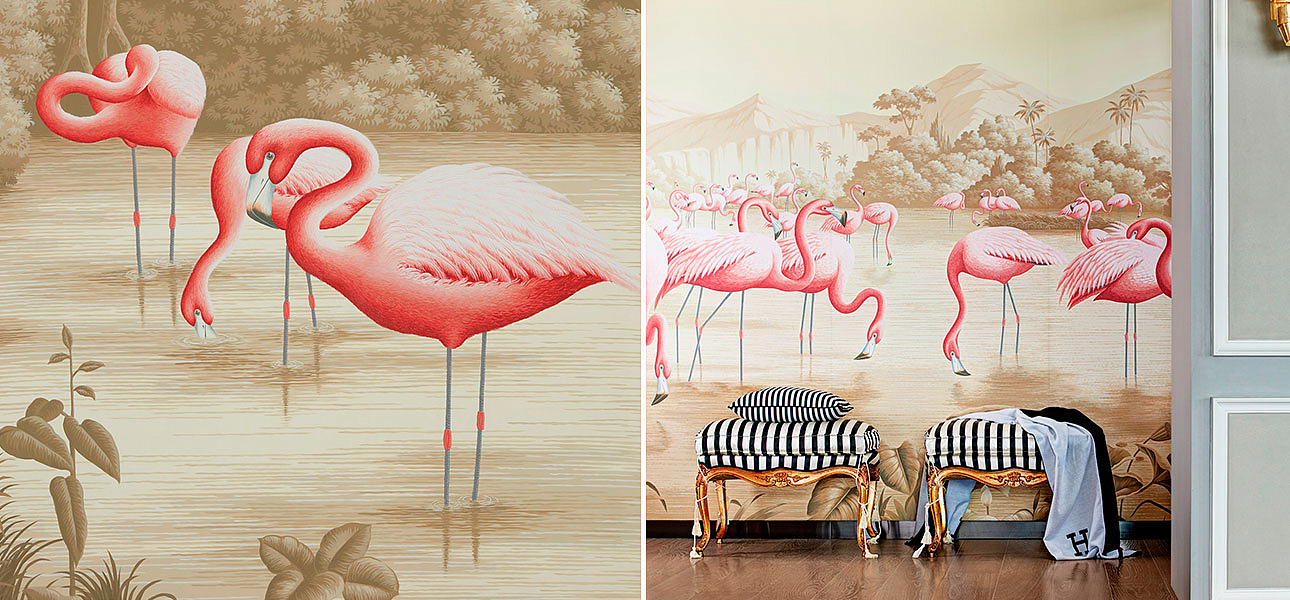 Обои ручная роспись Flamingos Flamingo on Sepia scenic paper Обои ручная роспись Flamingos Flamingo on Sepia scenic paper - Loft-Concept в Кирове