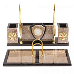Настольный письменный набор из бежевого мрамора с часами и гербом Marble Accessory варинант исполнения - 1 | Loft Concept в Кирове