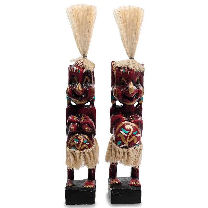 Комплект из 2-х деревянных статуэток Asmat Straw Headdress Statuettes Red Tattoo Красный Бежевый Золотой Мульти Комплект из 2-х деревянных статуэток Asmat Straw Headdress Statuettes Red Tattoo Красный Бежевый Золотой Мульти в Кирове | Loft Concept