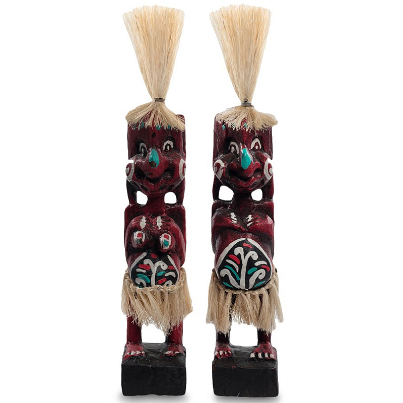 Комплект из 2-х деревянных статуэток Asmat Straw Headdress Statuettes Red Turquoise Красный Бежевый Бирюзовый Белый Мульти Комплект из 2-х деревянных статуэток Asmat Straw Headdress Statuettes Red Turquoise Красный Бежевый Бирюзовый Белый Мульти в Кирове | Loft Concept