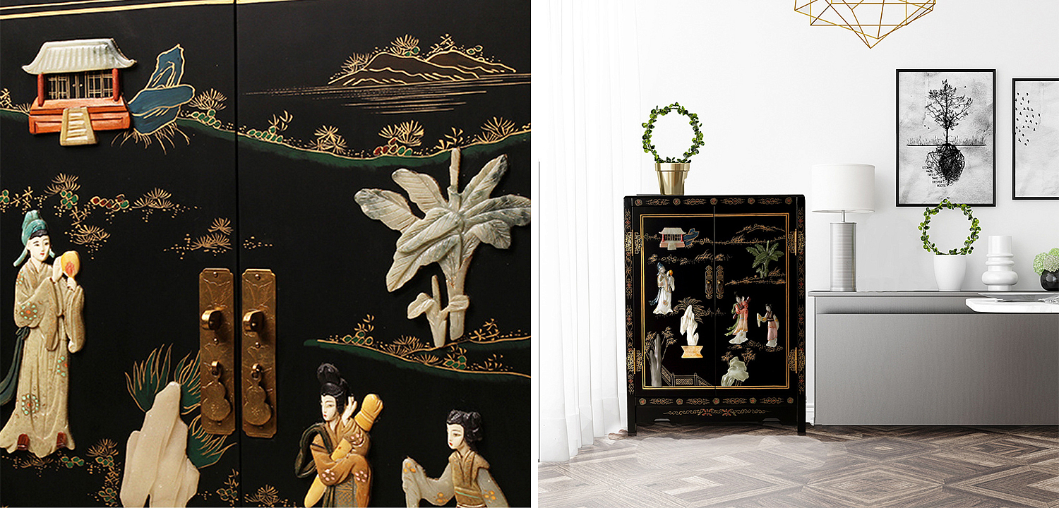 Черный Двухдверный Комод в Китайском стиле с каменным Барельефом Black Chinese Chest of drawers Черный Двухдверный Комод в Китайском стиле с каменным Барельефом Black Chinese Chest of drawers - Loft-Concept в Кирове