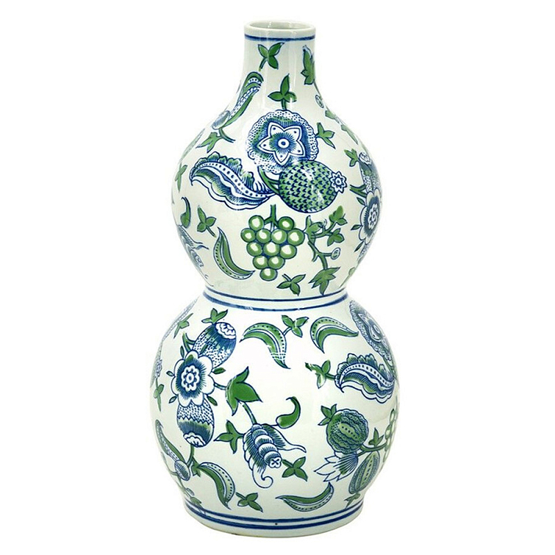 Ваза фигурная с сине-зелеными узорами распустившихся цветов Blossoming Spring Зеленый Белый Синий в Кирове | Loft Concept 