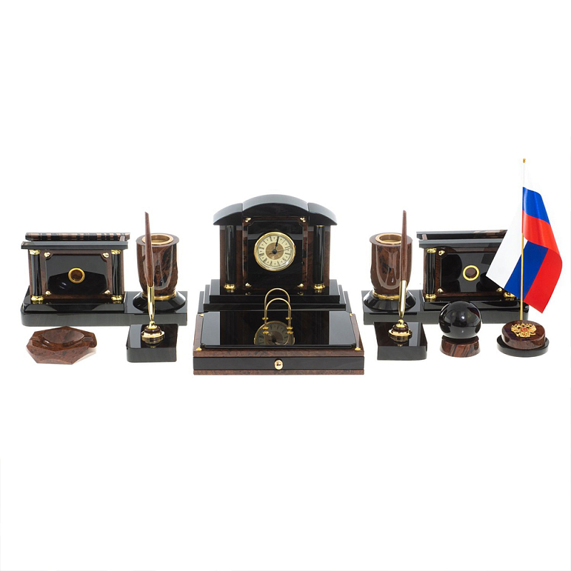 Настольный письменный набор с часами из природного камня обсидиана Peace Contract Коричневый Бронза в Кирове | Loft Concept 