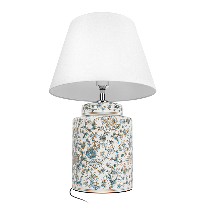 Настольная лампа цилиндрическая с цветочной росписью Lamp Flower Painting Белый Синий в Кирове | Loft Concept 