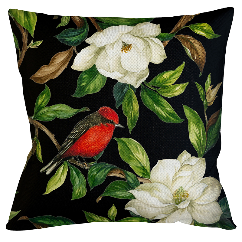 Декоративная подушка чёрная с изображением птиц и цветов Blooming Reds Birds Мульти Черный Декоративная подушка чёрная с изображением птиц и цветов Blooming Reds Birds Мульти Черный в Кирове | Loft Concept
