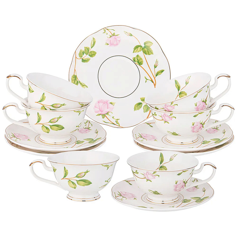 Чайный набор из фарфора белый с цветочным принтом на 6 персон 12 предметов Flower Porcelain Collection Белый Мульти Чайный набор из фарфора белый с цветочным принтом на 6 персон 12 предметов Flower Porcelain Collection Белый Мульти в Кирове | Loft Concept