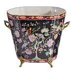 Кашпо из фарфора черная с цветочной росписью и бронзовой стрекозой Spring Garden варинант исполнения - 1 | Loft Concept в Кирове