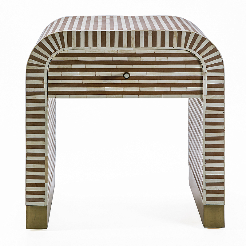 Тумбочка прикроватная с ящиком Tofino Stripes Bone Inlay Bedside Beige ivory ( слоновая кость ) Коричневый Золотой в Кирове | Loft Concept 