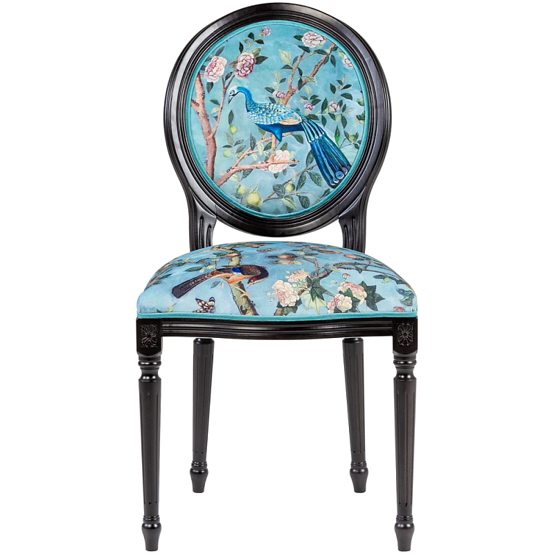 Стул из массива бука бирюзовый с изображением птиц в саду Turquoise Chinoiserie Bird Chair Бирюзовый Мульти Черный в Кирове | Loft Concept 